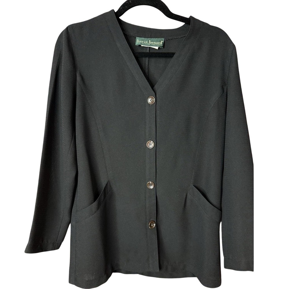 Harve Benard Blazer Jacket Womens 8 Black Excellent Textured V-Neck Button Front